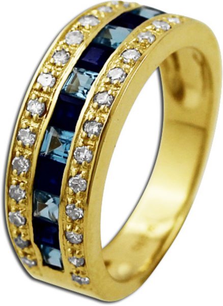 Ring Gelbgold 585/- Blautopase nachtblauen Saphiren 28 weißen Diamanten 0,27ct W/P Edelsteinschmuck