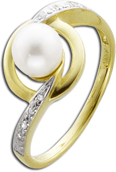 Weißer Perlenring Gelb Gold 333/- Diamant  Süßwasserzuchtperle