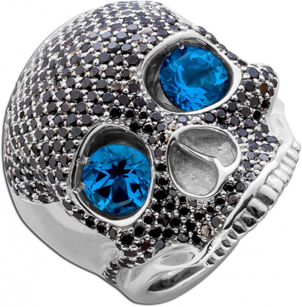 Totenkopfring by Saskia Dattner Ring Jimi Weißgold 750 mit 2 Blautopase und schwarze Diamanten