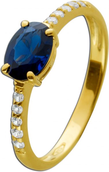 Ring Gelbgold 375 9 Karat 1 blauer synthetischer Saphir Edelstein 10 funkelnde Zirkonia