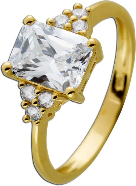 Ring Gelbgold 9 Karat 7 Zirkonia Baguette Brillantschliff Diamantlook