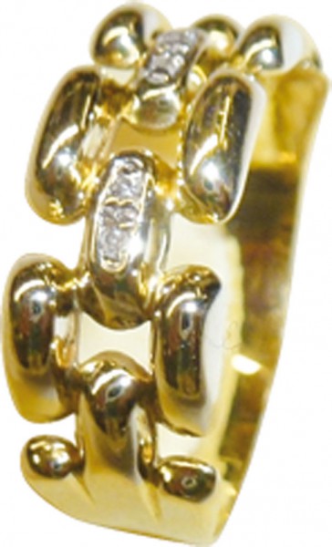 Wunderschöner Ring in Gelbgold 585/-, poliert, mit 4 Diamanten zusammen 0,02 ct, Breite 8mm, Stärke 0,7mm, Ringgröße 18. Ein sehr hübsches Einzelstück aus der feinen Goldschmiede aus Stuttgart – ABRAMOWICZ seit 1949!