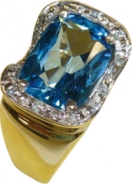 Ring in Gelbgold 333/- mit einem Blautopas 10ct, Länge 15mm, Breite 10mm + 12 Diamanten 8/8 W/P, Ringkopfbreite 13mm, Stärke 7mm. Dieses hübsche Einzelstück ist nur noch in der Größe 21 erhältlich. ABRAMOWICZ – die feine Goldschmiede in Stuttgart.