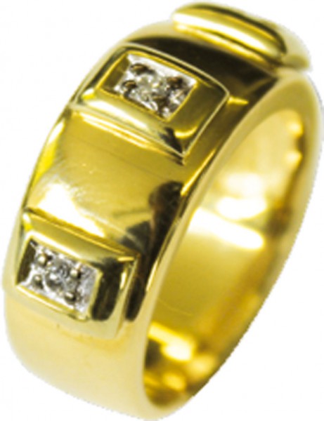 Ring aus hochwertigem Gelbgold 585/-, besetzt mit 3 erlesenen, atemberaubenden Brillanten ca. 0,10 ct TW/VSI, Größe 17,0 mm mit gleichbleibender Ringschiene. Der Ring ist hochglanzpoliert und wurde in Goldschmiedehandarbeit von höchster Perfektion angefer