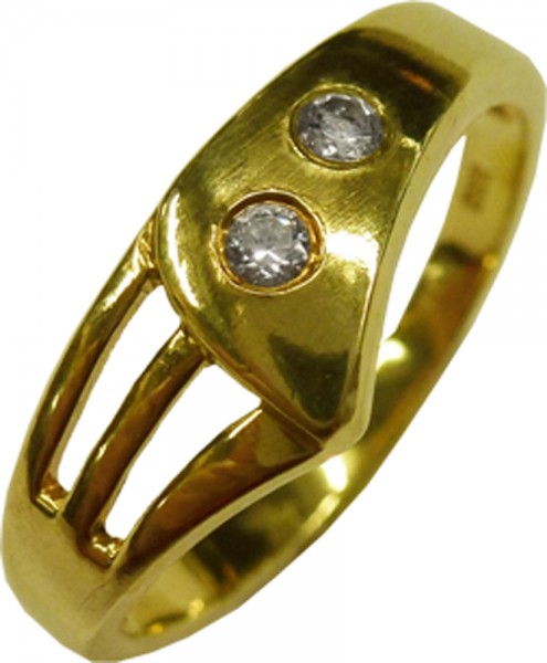 Ring aus feinem Gelbgold 333/-, besetzt mit 2 funkelnden Zirkonia, Größe 17,3 mm, hochglanzpoliert und mit gleichbleibender Ringschiene im absoluten Topdesign. Ein Unikat und edles Accessoire für alle, die das Besondere lieben zu einem stark reduzierten P