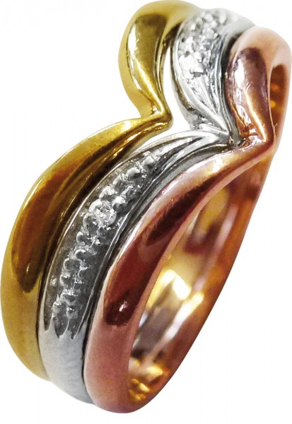 Ring. Luxuriöser Ring in Größe 16,8 mm aus feinem Gelb- Weiß- und Roségold 333/-, besetzt mit 2 echten, edelsten Diamanten 8/8 ca. 0,01 ct W/P. Breite 6,2 mm, Stärke 1,3 mm in feiner Goldschmiedearbeit gefertigt. Ein hochwertiges Einzelstück zu einem ungl