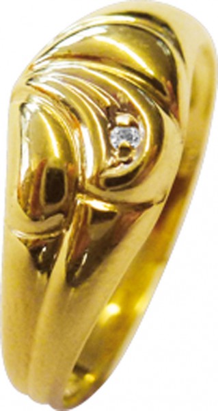 Luxuriöser Ring in Größe 17 mm aus hochwertigem Gelbgold 585/-, besetzt mt einem funkelnden, edlen Diamanten 8/8, 0,005 ct W/P im exklusiven Design. Ringkopfbreite ca. 7 mm. Ein sehr hochwertiges Einzelstück, dass von Meisterhand gefertigt wurde auf einen