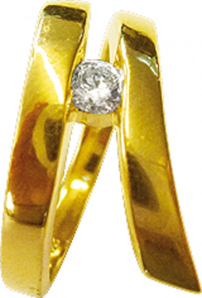Bezaubernder Ring in Größe 17 mm mit einem funkelnden Synthetikzirkonia besetzt, eingearbeitet in feinem Gelbgold 333/-. Ringkopfbreite ca. 8 mm, hochglanzpoliert. Ein sehr edles Einzelstück, dass in feinster Goldschmiedearbeit gefertigt wurde zu einem Se