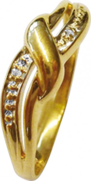 Bezaubernder Ring in Größe 18,8 mm mit 2 echten, strahlenden Diamanten 8/8, 0,001 ct W/P besetzt, eingearbeitet in feinem Gelbgold 333/-. Ringkopfbreite ca. 6 mm, hochglanzpoliert im exklusiven Design. Ein sehr edles Einzelstück, dass in feinster Goldschm