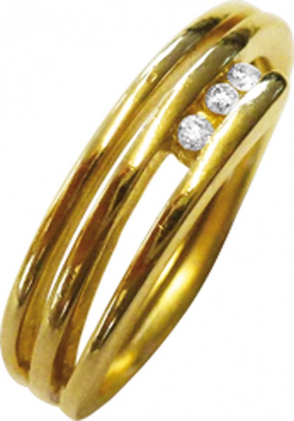Goldring in Größe 16 mm aus hochwertigem Gelbgold 585/-, besetzt mit 3 echten, funkelnden Brillanten ca. 0,06 ct. Ringkopfbreite ca. 5 mm, hochglanzpoliert und von Meisterhand gefertigt. Präzise Handarbeit trifft hier auf brillanten Charme. Ein hochwertig