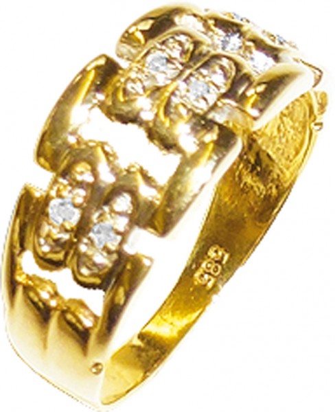 Goldring. Ein bezaubender Ring in Größe 17 mm aus hochwertigem Gelbgold 585/- trifft auf 6 strahlende Diamanten 0,03ct W/P – das Ergebnis ist ein bemerkenswerter Ring. In Premiumqualität von Deutschlands größtem und günstigstem Schmuckverkäufer. Die Numme