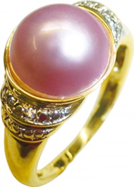 Kunst kommt von Können und Schmuck von Abramowicz , gemeint ist der besonders luxuriöse Ring in feinem Gelbgold 333/- in Größe 21mm, hochglanzpoliert mit edler Mabeperle in zartem perlrosa, begleitet wird der Ring mit 4 strahlenden Diamanten 8/8 W/P, Ring