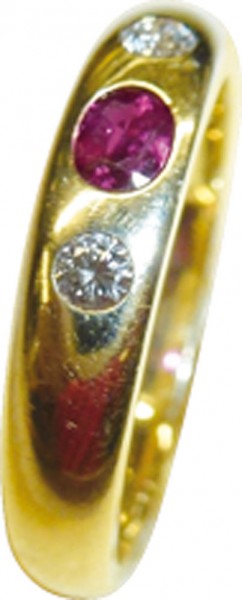 Goldring, klassischer Ring in hochwertigem Gelbgold 585/-Hochglanzpoliert, in Größe 17,4mm Größe kann auf Wunsch geändert werden, verziert mit einem feinen Rubin und 2 Brillanten  zusammen 0,12ct TW/VS, Maße: Breite 2,8mm, Stärke 1,14mm, selbstverständlic