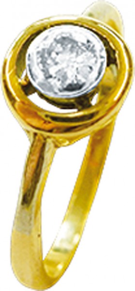 Goldring in 14 Karat 585/-, im Bicolorlook (Gelbgold und Weißgold) mit einem wunderschönen Brillanten ca. 0,18 ct. W/P.  Ringkopfgr. 7,17 mm, Ringstärke 4 mm, Ringgröße 17 mm, poliert. Premiumqualität von Deutschlands größtem Schmuckhändler Abramowicz aus