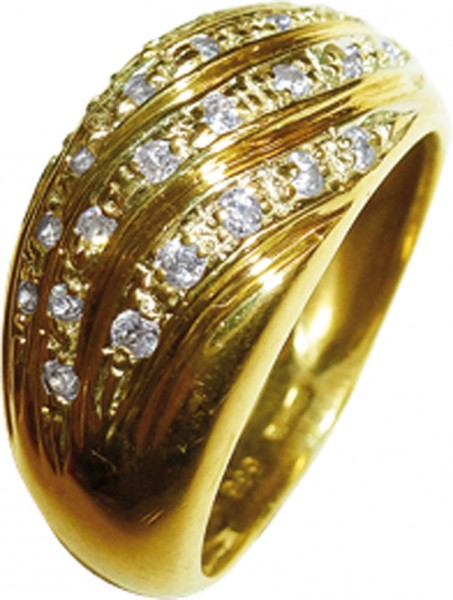 Elegant schöner Ring in 14 Karat Gelbgold 585/- versehen mit 26 funkelnden Zirkoniasteinen in Diamantoptik. Ringkopfbreite ca. 11mm. Die Ringschiene hat eine Stärke von 1,3mm. In 18,4mm Größe (auf Wunsch auch leicht änderbar).  Gewicht 6,5g . Ein wundervo