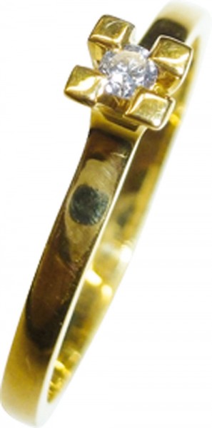 Zierlicher Ring in hochwertigem 14 Karat Gelbgold 585/-, in Größe 17,6mm, mit einem   echten Brillant  0,03ct TW/VSI. Die Größe ist auf  Wunsch änderbar,. Der Ring ist auf Hochglanz poliert und hat eine gleichbleibende  Ringschiene von 2,0 mm. Die  Ringko