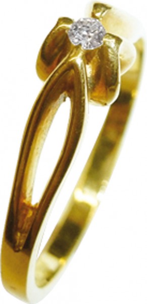 Exlusiver Ring in feinstem 14 Karat Gelbgold 585/- besetzt mit einem Brillanten 0,03ct W/SI. Ringkopf 4,4mm. Stärke 1mm. Die größe des Ringes beträgt 16,3mm ist aber auch auf  Wunsch änderbar. Die Oberfläche ist auf Hochglanz poliert. Gewicht 2,1g.  Diese
