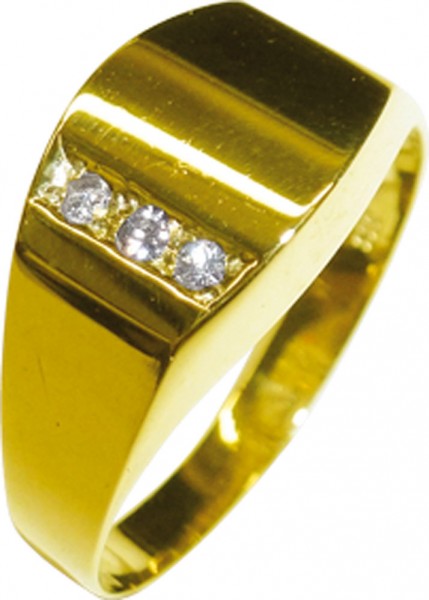 feiner Herrenring bzw Damenring in Gelbgold 333/-, mit 3 strahlenden Diamanten zus 0,05ct 8/8 W/P, Breite 8,4mm, Stärke 0,7mm, in Ringgröße 18mm, der Ring ist hochglanzpoliert, ein Einzelstück zum Schnäppchenpreis aus dem Hause Abramowicz seit 1949 aus St