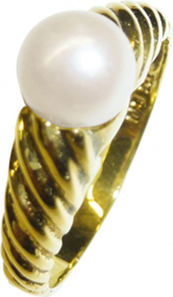 eleganter Ring in feinem Gelbgold 333/-, mit einer cremefarbenen jap. Akoyazuchtperle Durchmesser 7mm, Ringkopfbreite 6,5mm, Stärke 0,8mm, in Ringgröße 18,2mm, poliert, feine Goldschmiedekunst zum Schnäppchenpreis, Abramowicz erfüllt Träume seit 1949 aus