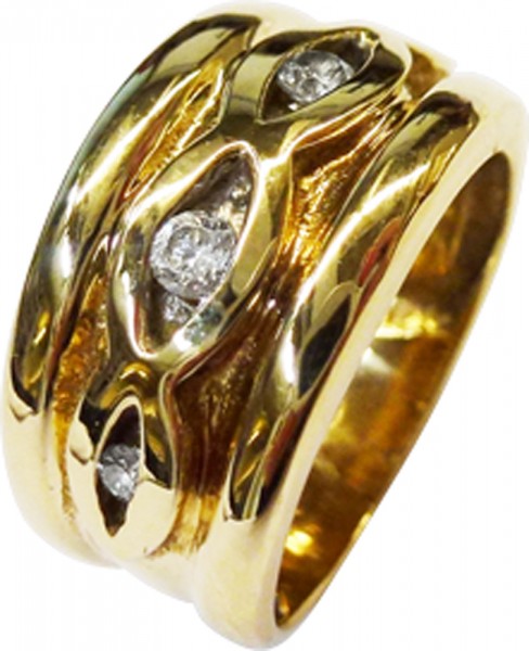 Eleganter Ring in feinem Gelbgold 333/-, poliert, und mit 4 weißen Zirkoniasteinen besetzt. Ringgröße 17 mm