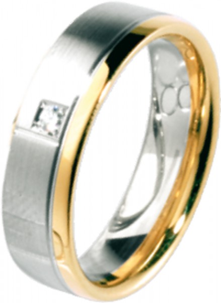 Ring in Gelb- und Weißgold 585/-, mit 1 Brillant 0,02ct W/SI,Ringgröße 53,5mm, Ringbreite 5,5mm, Ringstärke 1,7mm, mit teilweise mattierter und polierter Oberfläche