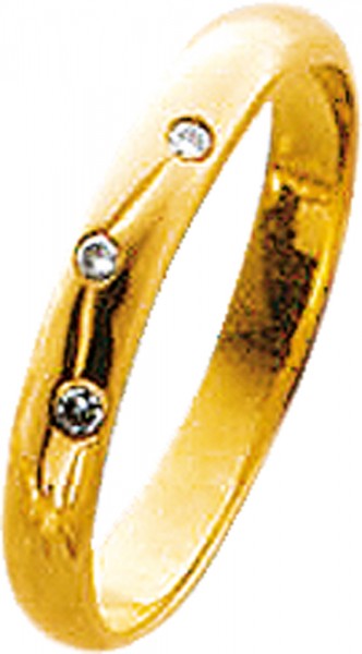 Ring in Gelbgold 750/- mit 3 Brillanten 0,05ct W/SI, in der Ringgröße 56mm, Ringbreite 3mm, Ringstärke 1,3mm, Mit hochglanz polierter Oberfläche