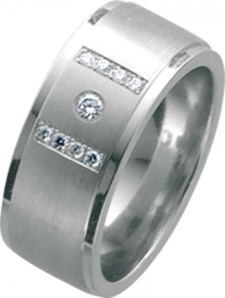 Ring in Weißgold 585/- mit 9 Brillanten 0,104ct W/SI, Ringgröße 54mm(17). Breite 8mm, Stärke 2mm, Oberfläche mattiert teilweise hochglanz poliert.