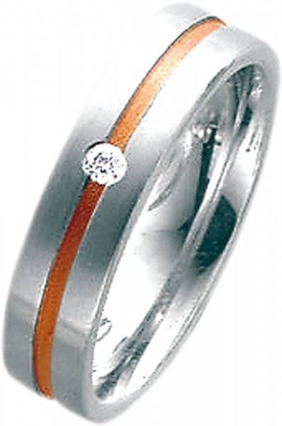 Ring in Weiß- und Rotgold 585/-, mit 1 Brillant 0,03ct W/SI. Ringgröße 54,5mm(17), Ringbreite 5mm, Ringstärke 1,7mm. Oberfläche hochglanz poliert teilweise mattiert.