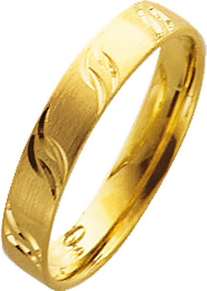 Ring in Gelbgold 585/-, Ringgröße 66mm(21), Ringbreite 4mm und Ringstärke 1,1mm. Obefläche mattiert mit Gravur.