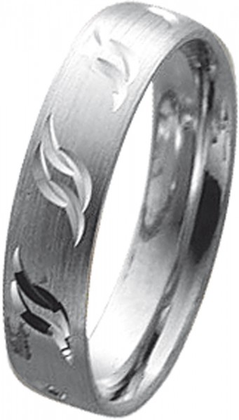 Ring in Weißgold 585/-, Ringgröße 54mm(17), Ringbreite 5mm und Ringstärke 1,3mm. Oberfläche mattiert mit Gravur.