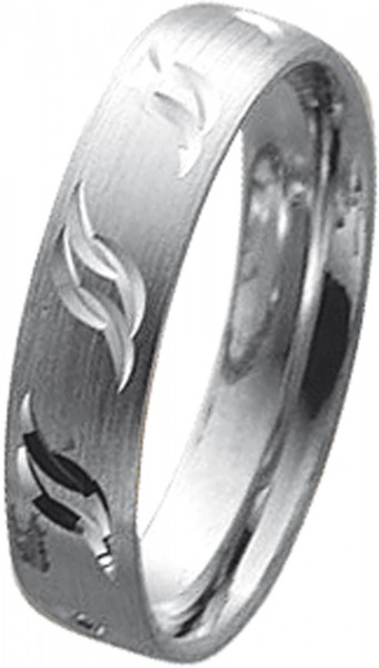 Ring in Weißgold 585/-, Ringgröße 59mm(19), Ringbreite 5mm und Ringstärke 1,3mm. Oberfläche mattiert mit Gravur.