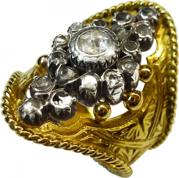 Antiker Ring um 1920 mit verjüngender Ringschiene in Gelbgold 750/- mit einer großen Diamantrose und 17 kleine Diamantrosen