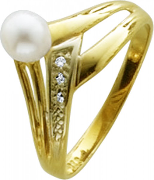Ring mit Zuchtperle in feinem poliertem Gelbgold 333/- 3 Diamanten 8/8 W/P, 17 mm nicht änderbar