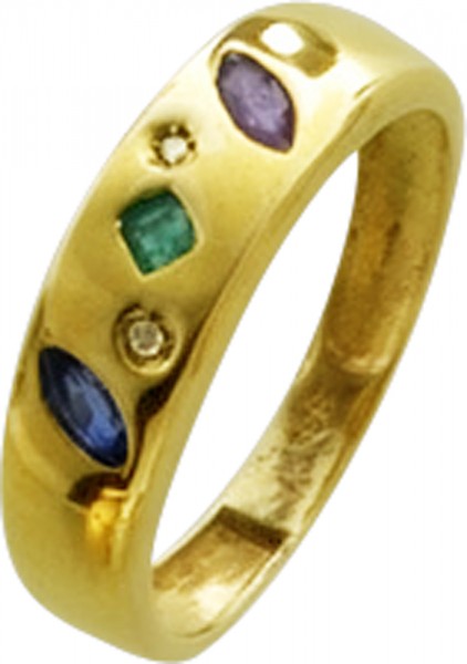 Edelstein Ring in Gelbgold 333/-  Rubin, Smaragd, Safir, 2 Diamanten 8/8 W/P Ringgrösse 16mm
