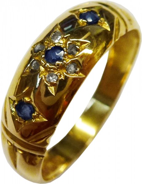 Ring in Gelbgold 750/- 3 Safire 6 Diamanten 8/8 W/P, 18,7 mm