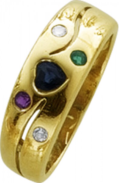 Ring in Gelbgold 333/- Safirherz, Smaragd, Rubin 2 Brillanten zus 0,04ct, Ringgrösse 16 mm änderbar