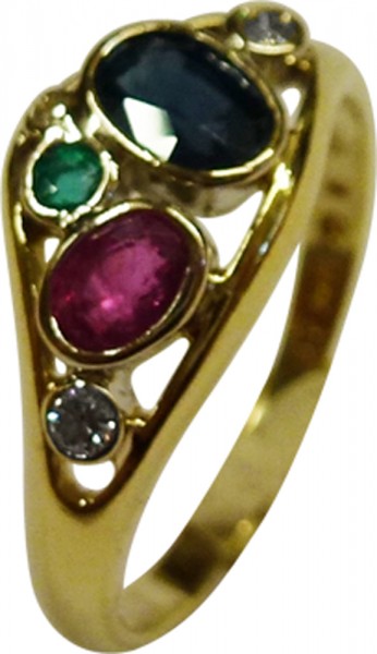 Edelstein Ring in poliertes feines Gelbgold 585/- Safir Smaragd Rubin 3 Brillanten zus. 0,07ct TW/VSI 18,2 mm aenderbar