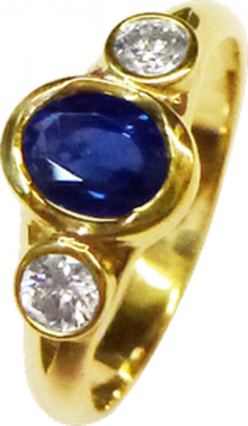 Ring in Gelbgold 585/- miteinem Safir und 2 Brill je0,23ct zusammen 0,46ct TW/VVSI, rk 9mm, st 1,2mm, poliert, gr 20,1mm, gr ist änderbar