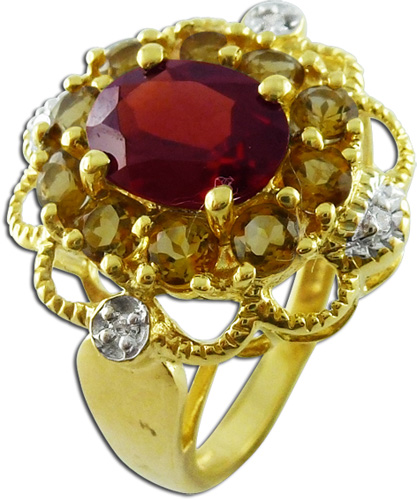 Ring in Gelbgold 333/- mit 4 Diamanten,  1Granat und 10 Citrin, 16mm