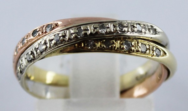 Ring, Tricolor in Gelbgold-Weissgold-Rotgold 585/-, 3 Ringe in Einen mit 20 Diamanten 8/8 W/P, Groesse 16,3mm