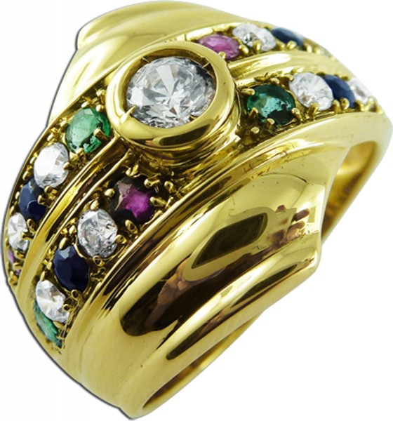 Ring in Gelbgold 585/- mit 1 grossen und 8 runden Zirkonia, 4 Smaragden, 4 Safiren, 4 Rubine, Groesse 19mm, aenderbar !
