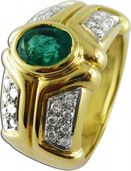 Ring Gelbgold 750 Smaragd 1,00ct 28 Brillanten 0,30ct (leichte Tragespuren)