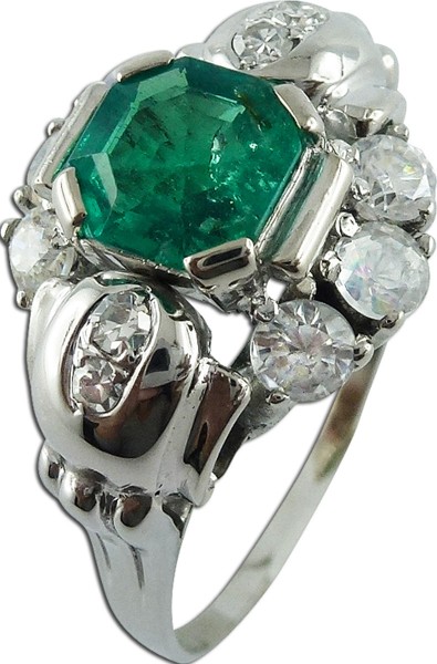 Ring in Weissgold 18Kt. ( 750/-), Art Deco Stil Ring aus den 20iger Jahren ,1 Smaragd ca. 1,2ct. und 10 Brillanten zus 0,68ct., TW/SI, Groesse 19,3mm, aenderbar