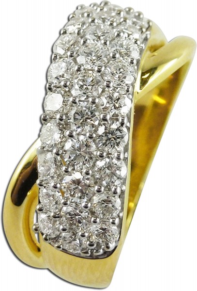 Ring, exclusiver Brillantring mit 50 funkelnden Brillanten mit insgesamt 1,0ct. TW Lupenrein in Gelbgold18Kt. (750/-) in feinster Goldschmiedearbeit gefertigt, Groesse 18,3mm, aenderbar, Unikat