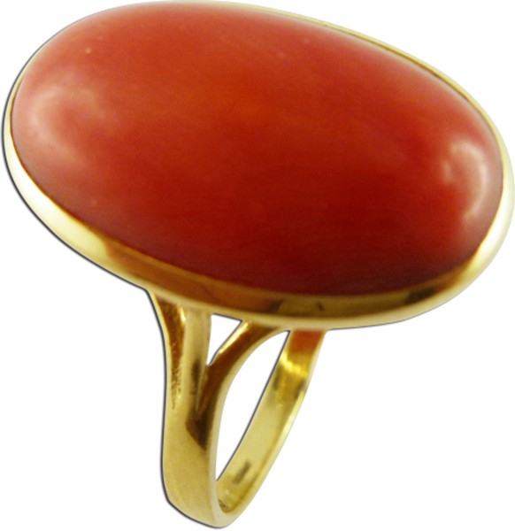 Ring, Gelbgold 585/-, 14 Karat, feinste Koralle 19x13mm, Cabochonschliff,  Korallenschmuckstück