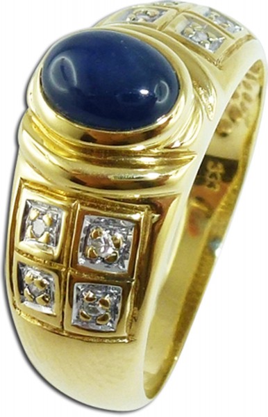 Ring, Gelbgold 333/- poliert, 1 feiner Saphir,  Cabochonschliff , 8 Diamanten 8/8 W/SI