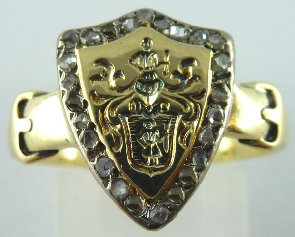 Siegelring Damenring Herrenring Gelbgold  Weissgold 585/- Siegelwappen 25 Altschliff Diamanten zus 0,25ct WP