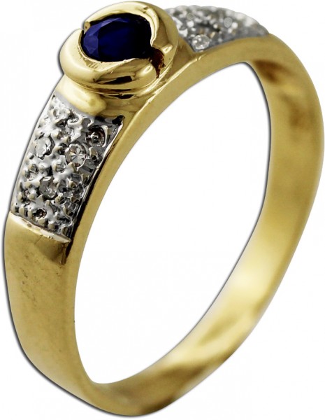 Ring mit Safir – Goldring 585/- mit 6 Diamanten 8/8 W/P