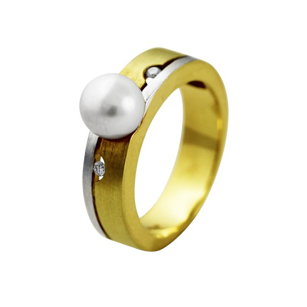 Perlenring – Gelbgold/ Weißgold 585/- japanische Akoyazuchtperle, 2 Diamanten 0,04ct TW/VSI