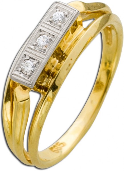 Ring – Goldring Antik Gelbgold Weißgold 585 3 Brillanten 0,06ct TW/VSI